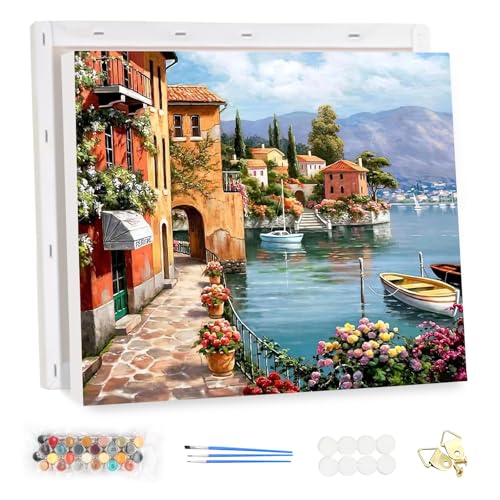 MEIYUDA Malen Nach Zahlen Erwachsene mit Rahmen Landschaft am Meer, DIY Set Handgemalt Ölgemälde Kit für Anfänger und Erwachsene Mit 3 Pinseln und Acrylfarbe, Geschenke und Home Haus Deko 40x30cm von MEIYUDA