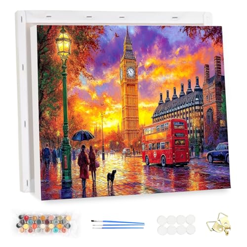 MEIYUDA Malen Nach Zahlen Erwachsene mit Rahmen London bei Sonnenuntergang, DIY Digitales Ölgemälde-Set auf Leinwand mit Pinseln und Acrylpigment, Artwork für Heimdekoration 40x30cm(Geschenk-Box) von MEIYUDA