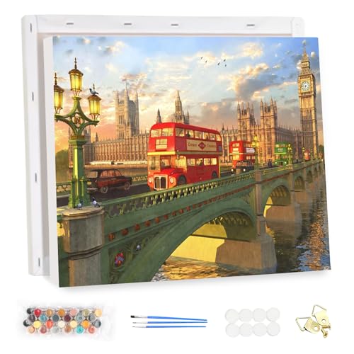 MEIYUDA Malen Nach Zahlen Erwachsene mit Rahmen Westminster Brücke, Paint by Numbers Malen Nach Zahlen Busse, DIY Set mit Pinseln und Acrylfarben Handgemalt Ölgemälde Leinwand für Home Décor 40x30cm von MEIYUDA