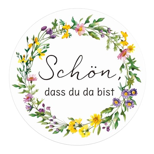 MEJOSER 120 Stk Schön dass du da bist Aufkleber 4cm Rund Sticker Blumen Etiketten Selbstklebend Geschenkaufkleber Mitgebsel für Taufe Kommunion Hochzeit Konfirmation (Schön dass du da bist) von MEJOSER