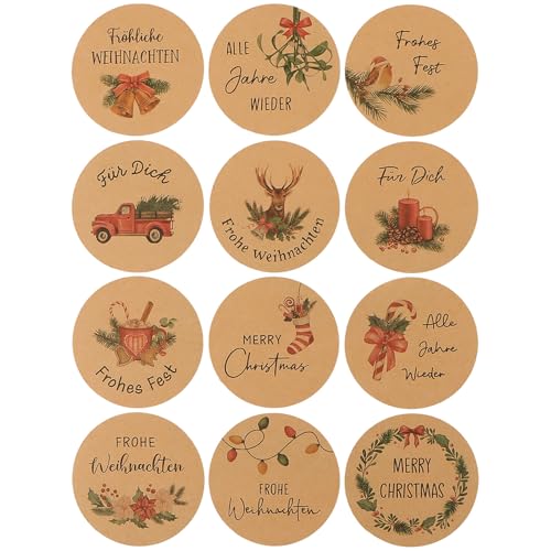 MEJOSER 120 Stück 4cm Aufkleber Weihnachten 12 Motive Weihnachten Sticker Rund Weihnachtsaufkleber Weihnachtssticker Etiketten Selbstklebend Kraftpapier Geschenkaufkleber Weihnachtsdeko (C) von MEJOSER