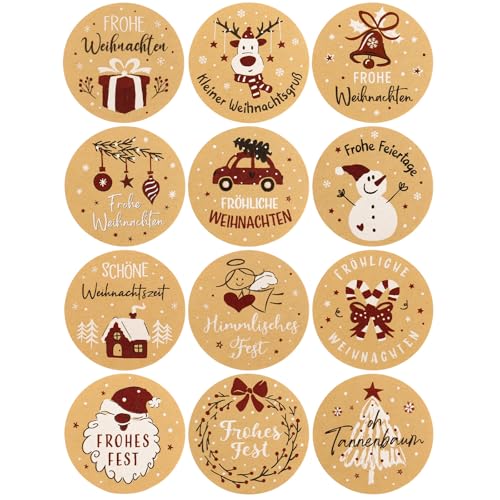 MEJOSER 120 Stück 4cm Aufkleber Weihnachten 12 Motive Weihnachten Sticker Rund Weihnachtsaufkleber Weihnachtssticker Etiketten Selbstklebend Kraftpapier Geschenkaufkleber Weihnachtsdeko (A) von MEJOSER