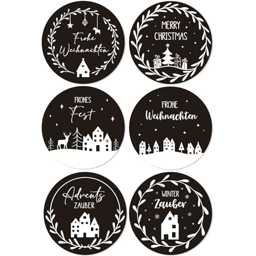 MEJOSER 120 Stück 4cm Aufkleber Weihnachten Sticker Weihnachtsaufkleber Weihnachtssticker Etiketten Selbstklebend Rund Schwarz Geschenkaufkleber für Umschlag Karte Tüten Geschenke von MEJOSER