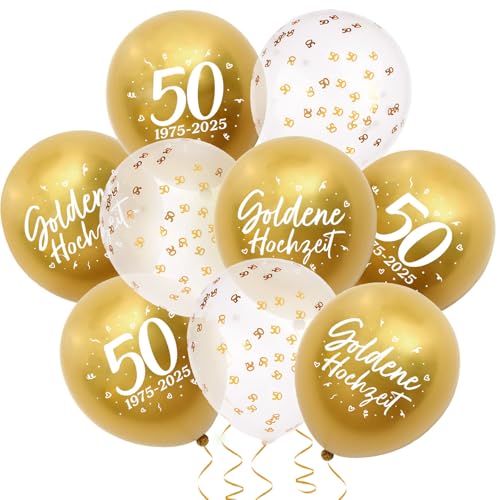 MEJOSER 24 Stück Goldene Hochzeit Deko Luftballons auf Deutsch 2025 50 Zahl Konfetti Ballons 12" Latex 50. Jahrestag Jubiläum Goldhochzeit Party Geschenke (50) von MEJOSER