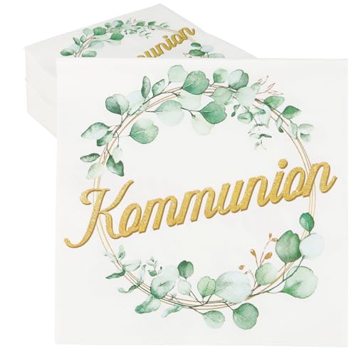 MEJOSER 40 Stück Servietten Kommunion Deko 33x33cm Tischdeko Kommunion Junge Mädchen Grün Eukalyptus Kommunion Konfirmation Erstkommunion Deko (Kommunion) von MEJOSER