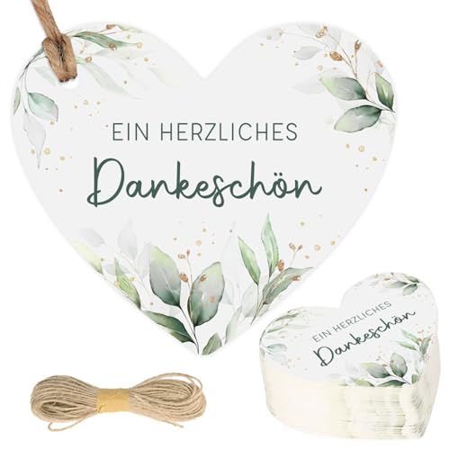 MEJOSER 50 Stück Danke Anhänger Herz Eukalyptus 5cm Geschenkanhänger Dankeschön Hochzeit Etiketten Tags Geschenk Geburtstag Babyparty Kommunion Taufe von MEJOSER