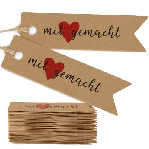 MEJOSER 50 Stück Geschenkanhänger Mit Liebe Gemacht Etiketten Anhänger Handmade with Love Handgemacht Anhänger Weihnachten Hochzeit Ostern Handmade Label mit Schnur Braun Etiketten Tags Vintage von MEJOSER