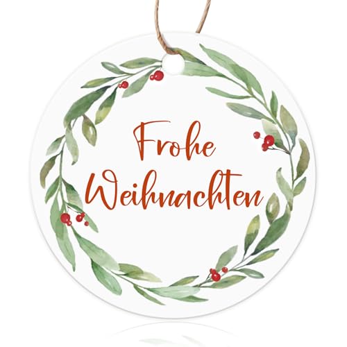 MEJOSER 50 Stück Geschenkanhänger Weihnachten 5cm mit Juteschnur Frohe Weihnachten Geschenke Anhänger aus Papier Kranz Weihnachtsanhänger Etiketten Rund Weihnachtsbaum Deko von MEJOSER