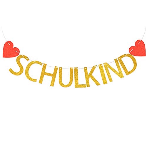 MEJOSER Schulkind Girlande Banner Papier Wimpel Hänge Deko für Schuleinführung Einschulung Schulanfang Partydeko Schulbeginn DekoBanner Schule Junge Mädchen Gold mit Herzen von MEJOSER