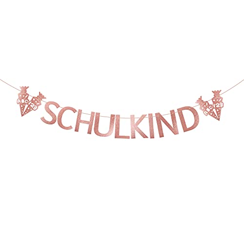 MEJOSER Schulkind Girlande Banner Wimpel Hänge Deko für Schuleinführung Einschulung Schulanfang DekoBanner Schule Junge Mädchen Gold mit Herzen (Glitzer Rosagold) von MEJOSER