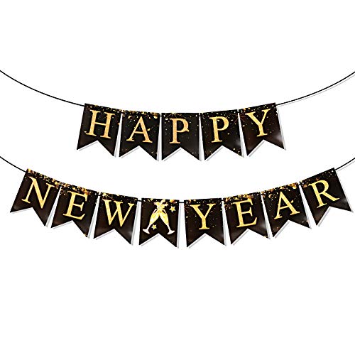 MEJOSER Silvester Girlande Neujahr Banner Silvester Deko 2021 Happy New Year Girlande Banner Schwarz Gold Girlande Banner für Silvester Party Dekorationen von MEJOSER