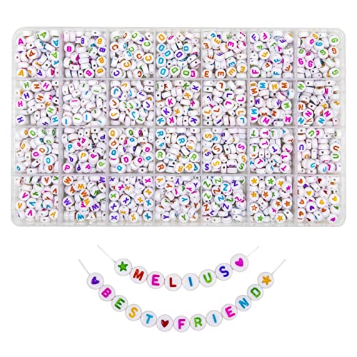 Melius Bunte Buchstabenperlen aus Acryl, 4 x 7 mm, runde Alphabet-Perlen in 28 Fächern, für Schmuckherstellung, DIY-Armbänder, Halsketten, Schlüsselanhänger, Armbänder (4 x 7 mm, bunt), 1450 Stück von MELIUS