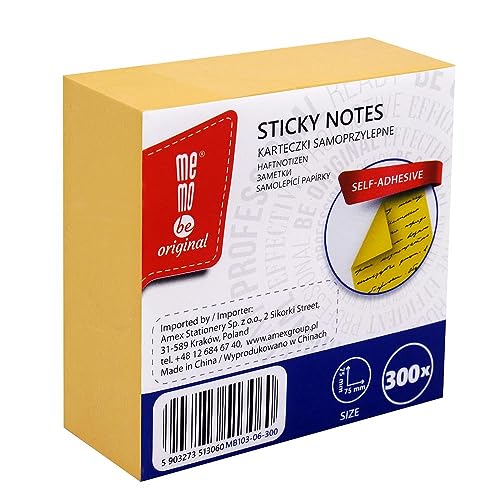 MEMOBE Haftnotizen Klebezettel – Sticky Notes – Haftnotizen Set – Selbstklebende Notizzettel – Postit Haftnotizen – Reusable Sticky Notes – Pastel Sticky Notes – 75x75mm 300 Karten - Gelb von MEMOBE