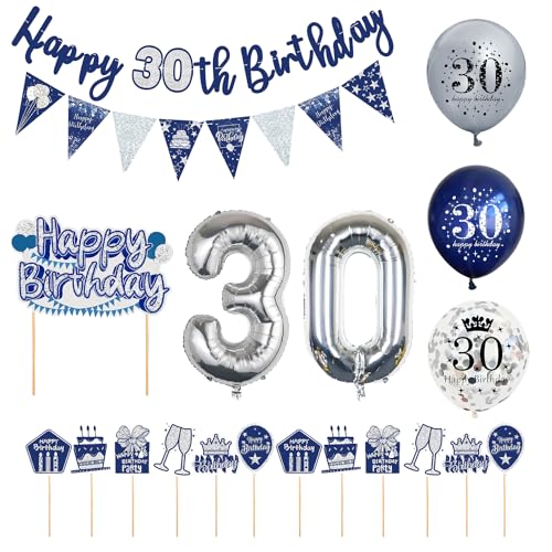 1 Set Deko-Set Zum 30. Geburtstag, Buchstabenfahne, Dreiecksfahne, Latex- Und Folienballons, Glitzereinsätze, Geeignet Für Partydekoration, Geschenk (Blau) von MEMOFYND