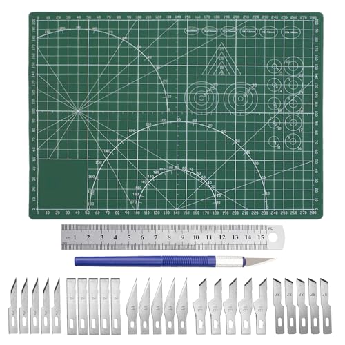 1-Teilige Schneidematte Mit 1-Teiligem Stahllineal, 1-Teiligem Gravurstift Und 25 Klingen, Papierschneidelineal-Werkzeug, Kunstpapierschneiden (Grün) von MEMOFYND