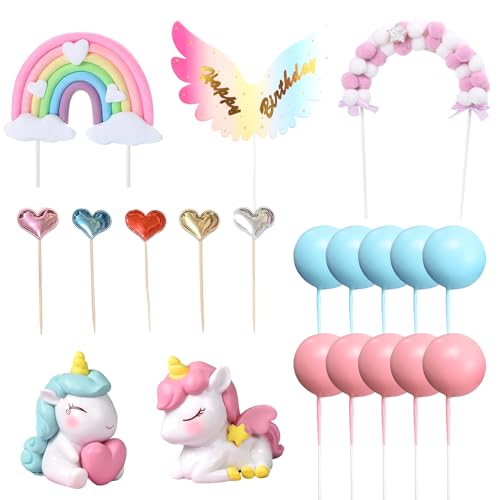 22 Stück Regenbogenpferd-Kucheneinsätze, Regenbogen-Sterne-Wolken-Kugelkuchendeckel, Geburtstagsflügel-Einsätze, rosa und blaues Kuchendekorationsset, Kindergeburtstagskuchenfiguren von MEMOFYND