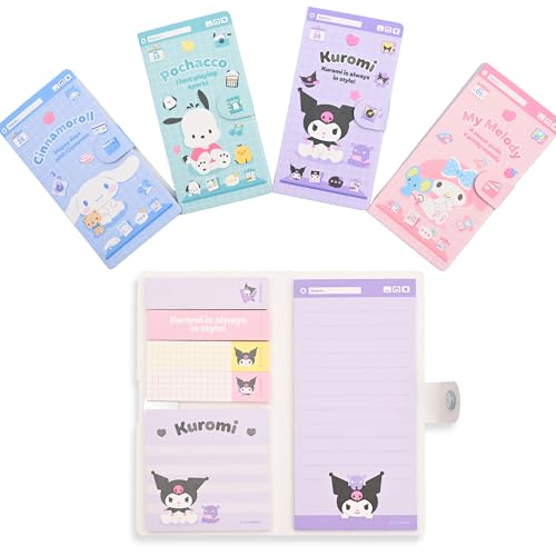 Niedliches Haftnotizblock-Set – Haftnotizblock-Set, tragbares Notizblock-Buch mit linierten Haftnotizen, Seitenmarkierung und Haftnotizen (4er-Pack (My-Meloday + Kuormi-Bunny+Zimtrolle+Pocahco-Hund)) von MENBLY