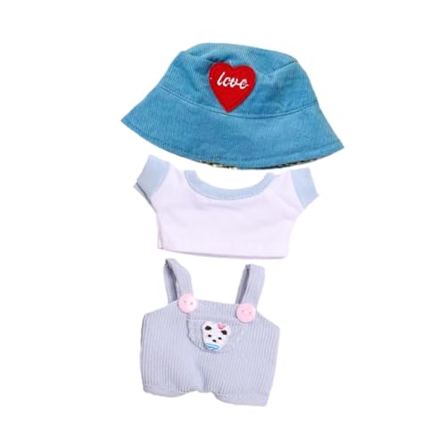 15cm 17cm Plüsch Puppenkleidung Niedliches Herzmuster Hut Tasche Hosenträgerhose Hosenset für Puppe, Blaue Kleidung von MERIGLARE