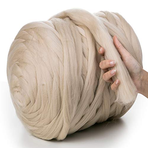 MeriWoolArt® 100% XXL Merino Wolle Garn 4-5 cm Dicke Wolle Garn, Filzwolle Trockenfilzen Nassfilzen, DIY Klobiges Wolle Garn Decke, Decke Baby Wolle, Arm Stricken Decke Garn Hellbeige, 500g von MERIWOOLART