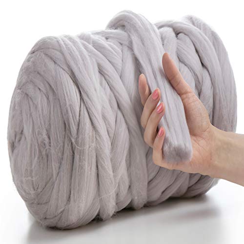 MeriWoolArt® 100% XXL Merino Wolle Garn 4-5 cm Dicke Wolle Garn, Filzwolle Trockenfilzen Nassfilzen, DIY Klobiges Wolle Garn Decke, Decke Baby Wolle, Arm Stricken Decke Garn Satingrau, 500g von MERIWOOLART