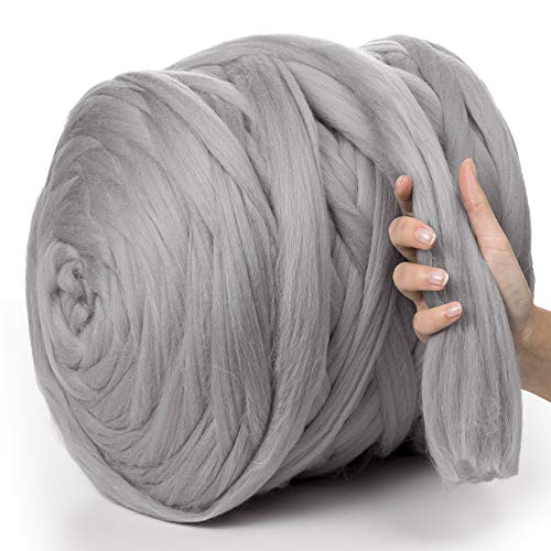 MeriWoolArt® 100% XXL Merino Wolle Garn 4-5cm Dicke Wolle Garn, Filzwolle Trockenfilzen Nassfilzen, DIY Wolle Garn Decke, Decke Baby Wolle, Arm Stricken Decke Garn Hellgrau, 1Kg von MERIWOOLART