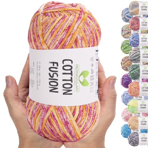 MeriWoolArt® Baumwollgarn - 100% Baumwolle garn, Multicolor Textile Garn, DK & Super Light, 100g Knäuel, Ideal zum Stricken, Häkeln & Sommeraccessoires von MERIWOOLART