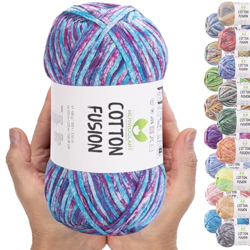 MeriWoolArt® Baumwollgarn - 100% Baumwolle garn, Multicolor Textile Garn, DK & Super Light, 100g Knäuel, Ideal zum Stricken, Häkeln & Sommeraccessoires von MERIWOOLART