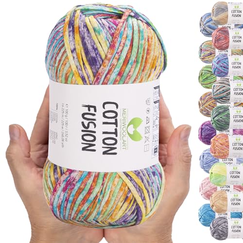 MeriWoolArt® Baumwollgarn - 100% Baumwolle garn, Multicolor Textile Garn, DK & Super Light, 100g Knäuel, Ideal zum Stricken, Häkeln & Sommeraccessoires von MERIWOOLART