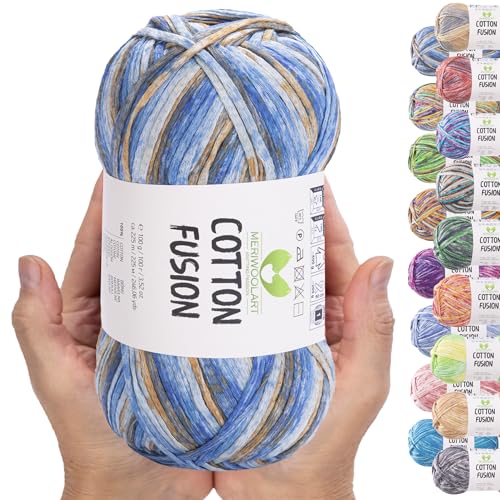 MeriWoolArt® Baumwollgarn - 100% Baumwolle garn, Multicolor Textile Garn, DK & Super Light, 100g Knäuel, Ideal zum Stricken, Häkeln & Sommeraccessoires von MERIWOOLART