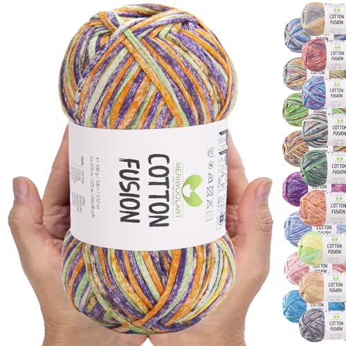 MeriWoolArt® Baumwollgarn - 100% Baumwolle garn, Multicolor Textile Garn, DK & Super Light, 100g Knäuel, Ideal zum Stricken, Häkeln & Sommeraccessoires von MERIWOOLART