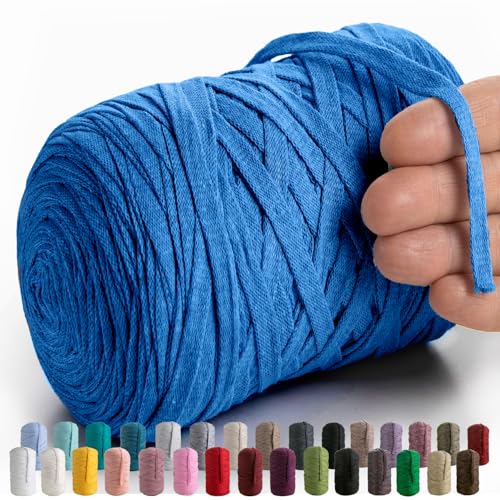 MeriWoolArt® Baumwollgarn Band Blau - 10mm T-Shirt Band Garn für Stricken, Makramee, Häkeln, Weben, Geschenkband - 150 m Baumwollband (Dunkelblau) von MERIWOOLART