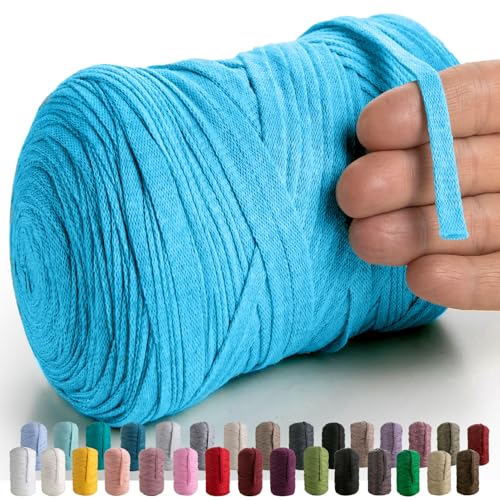 MeriWoolArt® Baumwollgarn Band Blau - 10mm T-Shirt Band Garn für Stricken, Makramee, Häkeln, Weben, Geschenkband - 150 m Baumwollband (Türkis) von MERIWOOLART