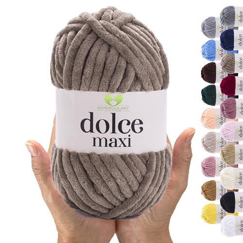 MeriWoolArt® Chenille Wolle Garn zum Stricken und Häkeln Dunkler Sand - 200 g und 70 m Samt-Wolle - 100% Flauschige Polyester Strickgarn für Amigurumi, Kissen, Decken und weiche Kleidung Geschenke von MERIWOOLART