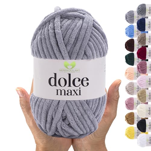 MeriWoolArt® Chenille Wolle Garn zum Stricken und Häkeln Hellgrau - 200 g und 70 m Samt-Wolle - 100% Flauschige Polyester Strickgarn für Amigurumi, Kissen, Decken und weiche Kleidung Geschenke von MERIWOOLART