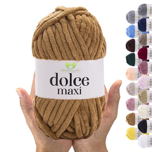 MeriWoolArt® Chenille Wolle Garn zum Stricken und Häkeln Kamel - 200 g und 70 m Samt-Wolle - 100% Flauschige Polyester Strickgarn für Amigurumi, Kissen, Decken und weiche Kleidung Geschenke von MERIWOOLART