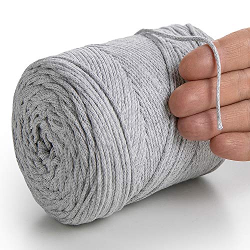 MeriWoolArt® Makramee Garn Asche 2 mm x 250 m Baumwollkordel, recyceltes weiches Baumwollgarn für das Stricken von Pflanzenhängern, Schmuckherstellung, Häkeltaschen von MERIWOOLART