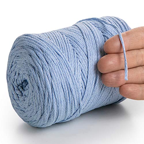 MeriWoolArt® Makramee Garn Babyblau 2 mm x 250 m Baumwollkordel, recyceltes weiches Baumwollgarn für das Stricken von Pflanzenhängern, Schmuckherstellung, Häkeltaschen von MERIWOOLART