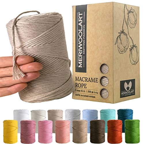 MeriWoolArt® Makramee Garn Beige - Makramee Garn 3mm farbig 200m - Super weiches Garn, einfach gedrehte Makramee Schnur - Öko-Tex 100% recyceltes Baumwollgarn farbig - DIY Boho Deko Makramee von MERIWOOLART