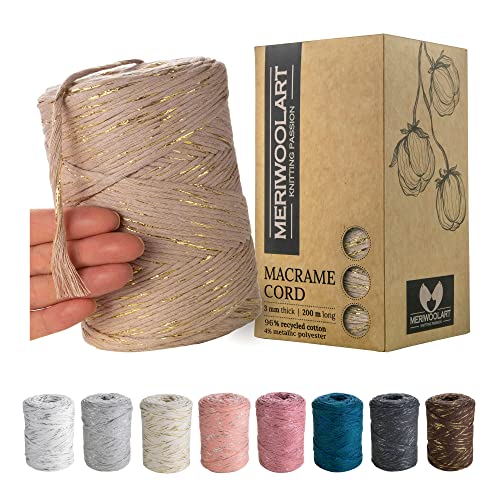 MeriWoolArt® Makramee Garn Beige - Makramee Garn 3mm farbig 200m - Super weiches Garn, einfach gedrehte Makramee Schnur - Öko-Tex 96% recyceltes Baumwollgarn farbig - DIY Boho Deko Makramee von MERIWOOLART