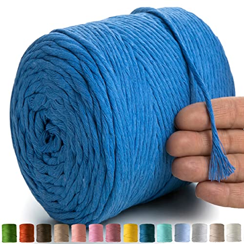 MeriWoolArt® Makramee Garn Blau - Makramee Garn 4mm farbig 225m - Super weiches Baumwollgarn, einfach gedrehte Makramee Schnur für Makramee Wandbehang, Blumenampel, Vorhang und Mehr DIY Deco von MERIWOOLART