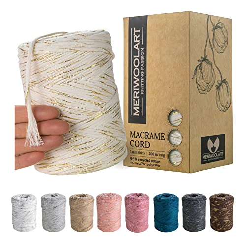 MeriWoolArt® Makramee Garn Natur - Makramee Garn 3mm farbig 200m - Super weiches Garn, einfach gedrehte Makramee Schnur - Öko-Tex 96% recyceltes Baumwollgarn farbig - DIY Boho Deko Makramee von MERIWOOLART