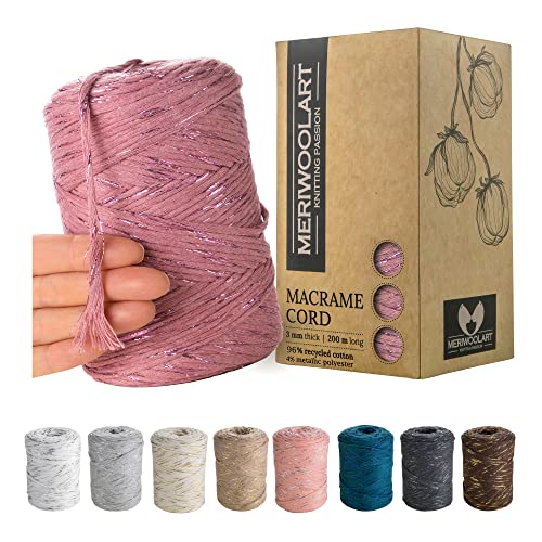 MeriWoolArt® Makramee Garn Pflaume - Makramee Garn 3mm farbig 200m - Super weiches Garn, einfach gedrehte Makramee Schnur - Öko-Tex 96% recyceltes Baumwollgarn farbig - DIY Boho Deko Makramee von MERIWOOLART