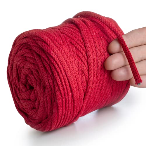 MeriWoolArt® Makramee Garn Rot 6 mm x 85 m Baumwollkordel, recyceltes weiches Baumwollgarn für das Stricken von Pflanzenhängern, Schmuckherstellung, Häkeltaschen von MERIWOOLART