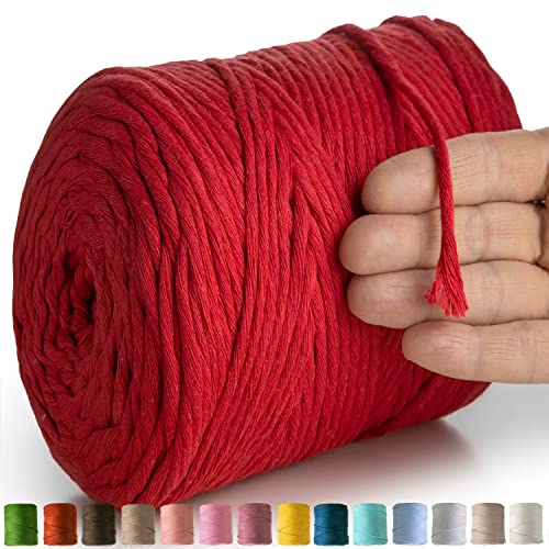 MeriWoolArt® Makramee Garn Rot - Makramee Garn 4mm farbig 225m - Super weiches Baumwollgarn, einfach gedrehte Makramee Schnur für Makramee Wandbehang, Blumenampel, Vorhang und Mehr DIY Deco von MERIWOOLART