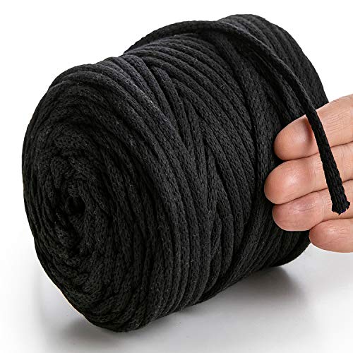 MeriWoolArt® Makramee Garn Schwarz 6 mm x 85 m Baumwollkordel, recyceltes weiches Baumwollgarn für das Stricken von Pflanzenhängern, Schmuckherstellung, Häkeltaschen von MERIWOOLART