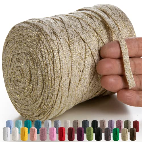 MeriWoolArt® Makramee Textilgarn zum Häkeln und Stricken - DIY glitzern flache T-Shirt Band Garn Dicke 10 mm, 125 m - Recyceltes Baumwollgarn mit Lurex, Viscose (Lurex Beige) von MERIWOOLART