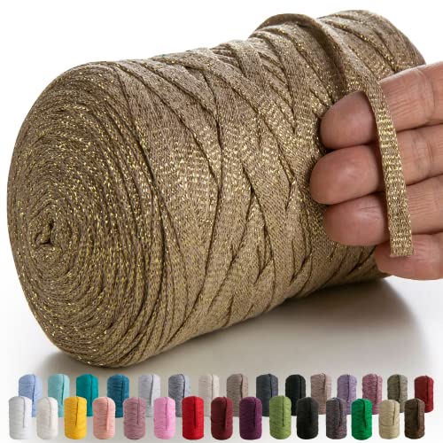 MeriWoolArt® Makramee Textilgarn zum Häkeln und Stricken - DIY glitzern flache T-Shirt Band Garn Dicke 10 mm, 125 m - Recyceltes Baumwollgarn mit Lurex, Viscose (Lurex Camel) von MERIWOOLART