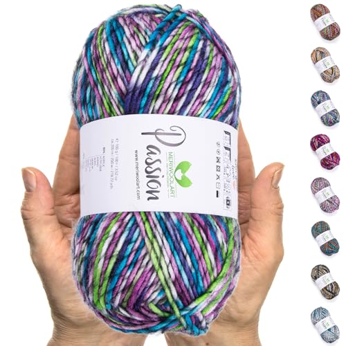 MeriWoolArt® Merino Wolle zum Stricken – 200 m Mehrfarbige Dicke Merinowolle – Weiche Wolle zum Häkeln und Armstricken für Pullover, Schals, Decken, Tücher, DIY Strickprojekte von MERIWOOLART