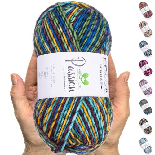 MeriWoolArt® Merino Wolle zum Stricken – 200 m Mehrfarbige Dicke Merinowolle – Weiche Wolle zum Häkeln und Armstricken für Pullover, Schals, Decken, Tücher, DIY Strickprojekte von MERIWOOLART