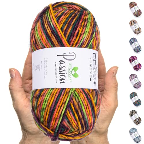 MeriWoolArt® Merino Wolle zum Stricken – 200 m Mehrfarbige Dicke Merinowolle – Weiche Wolle zum Häkeln und Armstricken für Pullover, Schals, Decken, Tücher, DIY Strickprojekte von MERIWOOLART